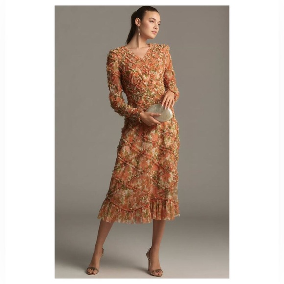 MAC DUGGAL Long Sleeve Orange V-Neck Textured Ruffled Tulle Midi Dress Size 6 - Picture 11 of 12